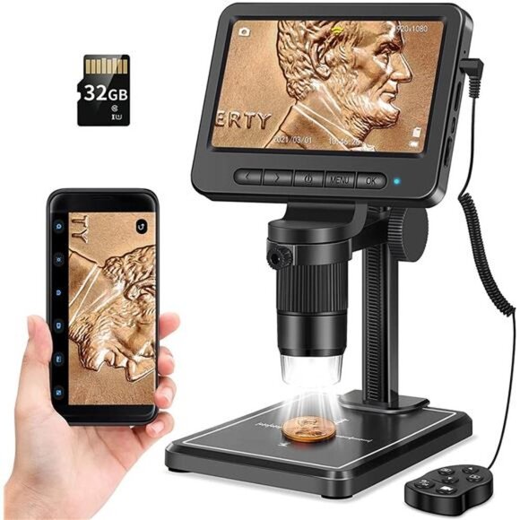 5" Coin Microscope 1200X with 32GB SD Card,Leipan 1080P Wireless LCD Digital - Picture 1 of 6